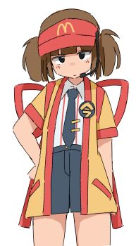 Rule 34 | 1girl, :|, absurdres, arm at side, back ribbon, badge, black eyes, black necktie, black shorts, blush, brown hair, button badge, closed mouth, collared shirt, commentary, cowboy shot, cut bangs, employee uniform, expressionless, fast food uniform, hand on own hip, happi, hat, headset, highres, imadake dabuchi tabemi, japanese clothes, jitome, kendama club, looking at viewer, mcdonald's, necktie, no ahoge, open happi, pinstripe pattern, pinstripe shirt, red hat, red ribbon, red trim, ribbon, shirt, short hair, short sleeves, short twintails, shorts, simple background, solo, standing, striped clothes, striped shirt, tie clip, twintails, vertical-striped clothes, vertical-striped shirt, visor cap, white background, white shirt, yellow happi