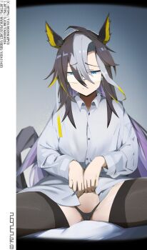 1girl absurdres ahoge animal_ears black_hair black_panties blonde_hair blue_eyes brown_hair cameltoe clothes_lift collared_shirt dream_journey_(umamusume) ear_ornament eyewear_strap glasses grey_hair hair_between_eyes highres horse_ears horse_girl licking_lips lifting_own_clothes long_hair long_sleeves multicolored_hair no_pants panties presenting shirt shirt_lift single_hair_intake solo spread_legs thighhighs tongue tongue_out umamusume underwear white_shirt wista