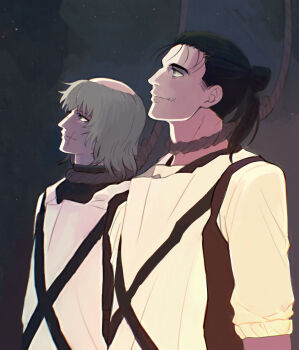 2boys absurdres badeni black_hair blonde_hair chi.:_chikyuu_no_undou_ni_tsuite gallows hair_bun highres light_smile looking_up male_focus medium_hair multiple_boys noose oczy scar scar_on_face scar_on_mouth scar_on_nose shirt sky star_(sky) starry_sky tonsure upper_body white_shirt yuyuyuyriri