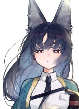 Rule 34 | 1girl, animal ear fluff, animal ears, aqua jacket, arm out of sleeve, black hair, black necktie, breasts, bright pupils, commentary request, fox ears, fox girl, half-closed eyes, highres, hoshimi miyabi, id card, jacket, long hair, looking to the side, medium breasts, nandaka 0103, necktie, parted lips, red eyes, shirt, simple background, solo, upper body, white background, white pupils, white shirt, zenless zone zero