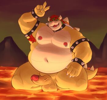 Rule 34 | 1boy, absurdres, arm up, armlet, armpits, bara, bare pectorals, belly, biceps, bowser, bracelet, claws, collar, commentary, english commentary, erection, fangs, fat, fat man, furry, furry male, highres, horns, jewelry, lava, looking at viewer, lustygus, male focus, mario (series), navel, nintendo, nipple piercing, nipples, open mouth, pectorals, penis, piercing, red hair, smile, spiked armlet, spiked bracelet, spiked collar, spiked shell, spiked tail, spikes, tail, testicles, v