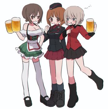 Rule 34 | 3girls, :<, :d, :|, @ @, alcohol, apron, arms at sides, bare shoulders, beer, beer mug, black corset, black dress, black footwear, black hat, black jacket, black skirt, black socks, blush, bob cut, boots, braid, breasts, brown eyes, brown hair, cleavage, closed mouth, collared shirt, combat boots, commentary, corset, crown braid, cup, dirndl, dress, dress shirt, drink, drinking, drunk, epaulettes, expressionless, frilled dress, frills, full body, garrison cap, german clothes, girls und panzer, green dress, hair between eyes, hair up, hand on own hip, hand up, hat, highres, holding, holding cup, holding drink, index finger raised, itsumi erika, jacket, jitome, knee boots, kneehighs, kuromorimine military uniform, large breasts, light brown hair, locked arms, long sleeves, looking at another, looking to the side, mary janes, medium breasts, military jacket, military uniform, miniskirt, mug, multicolored dress, multiple girls, nervous sweating, nishizumi maho, nishizumi miho, off-shoulder dress, off shoulder, open mouth, parted lips, pleated skirt, pointing, puffy short sleeves, puffy sleeves, red jacket, red skirt, red trim, ri (qrcode), serving, shirt, shoes, short dress, short hair, short sleeves, side-by-side, sidelocks, simple background, skirt, small breasts, smile, socks, squeans, standing, sweat, sweatdrop, untranslatable commentary, thighhighs, unamused, undershirt, waist apron, white apron, white background, white dress, white thighhighs, worried, zettai ryouiki
