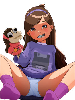 1girl blush braces brown_eyes brown_hair disney floppy_disk floppy_disk_print gravity_falls grin hairband hand_puppet highres loli long_hair looking_at_viewer mabel_pines oira_wa_arumajiro panties print_sweater puppet purple_hairband purple_socks purple_sweater simple_background smile socks spread_legs star_(symbol) sweater teeth underwear white_background white_panties