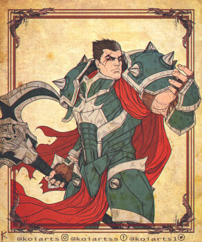 1boy armor axe brown_background brown_gloves brown_hair cape cowboy_shot darius_(league_of_legends) fingerless_gloves gloves gradient_background hand_up highres holding holding_axe holding_weapon koiarts league_of_legends looking_at_viewer red_cape scar scar_across_eye scar_on_face short_hair shoulder_plates shoulder_spikes solo spikes weapon white_hair