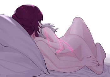 1nuyaki 2girls breasts commentary commission completely_nude covered_face english_commentary grey_hair hand_on_another's_shoulder hand_on_another's_thigh highres honkai:_star_rail honkai_(series) kafka_(honkai:_star_rail) large_breasts leg_between_thighs leg_grab leg_humping long_hair lying multiple_girls nude on_back on_bed parted_lips purple_hair purple_nails simple_background smile smirk string trailblazer_(honkai:_star_rail) white_background yuri