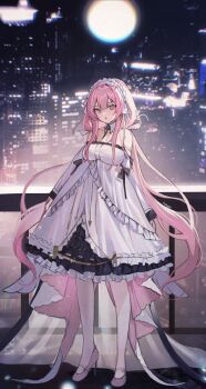 1girl azur_lane bare_shoulders breasts building city_lights cityscape collarbone commentary_request detached_sleeves dress frilled_dress frills full_body high_heels highres komuer long_hair long_sleeves looking_at_viewer maid_headdress medium_breasts night pantyhose perseus_(azur_lane) pink_eyes pink_hair pink_shoes shoes skyscraper solo strapless strapless_dress very_long_hair white_dress white_pantyhose
