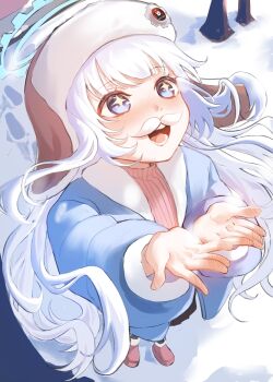 +_+ 1girl alternate_costume blue_archive blue_coat blue_eyes blue_halo blush boots brown_hat cherino_(blue_archive) coat commentary facial_hair fake_facial_hair fake_mustache floating_hair fur-trimmed_headwear fur_trim halo hat long_hair long_sleeves looking_up mustache open_mouth outdoors pink_boots pink_sweater red_winter_federal_academy_logo smile snowing solo sweater symbol-only_commentary turtleneck turtleneck_sweater ushanka white_facial_hair white_hair winter_clothes yunyame