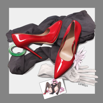 1girl artist_name border breasts censored censored_identity china_dress chinese_clothes dress earrings gloves grey_background grey_border high_heels highres jewelry large_breasts long_hair pelvic_curtain photo_(object) red_footwear ring shoes single_shoe solo spread_legs stiletto_heels thighhighs unworn_gloves unworn_shoes white_gloves xnnagu