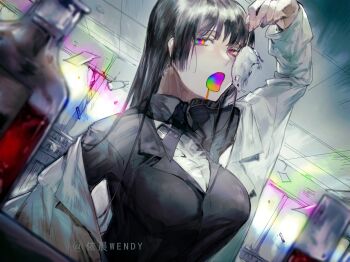 1girl animal animal_ears artist_name artist_self-insert black_bow black_bowtie black_hair black_jacket bottle bow bowtie breasts ceiling chinese_commentary collared_jacket collared_shirt colored_eyelashes commentary_request cup drooling dutch_angle eating fingernails highres holding holding_animal jacket lab_coat laboratory lapels large_breasts layered_sleeves long_hair long_sleeves looking_at_viewer mouse_ears multicolored_eyes notched_lapels original paper rainbow_eyes shirt solo straight_hair striped_bow striped_bowtie striped_clothes tight_clothes tile_ceiling tiles upper_body vest vial white_shirt window yichen_wendy