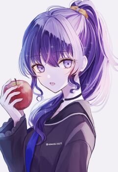 Rule 34 | 1girl, ameshi0227, apple, arm at side, asahina mafuyu, backlighting, black choker, black sailor collar, black shirt, blue neckerchief, choker, collarbone, commentary, fingernails, food, frilled sleeves, frills, from side, fruit, grey background, hair between eyes, hair ornament, hair over shoulder, hair scrunchie, hand up, highres, holding, holding food, holding fruit, long hair, long sleeves, looking at viewer, lower teeth only, neckerchief, open mouth, orange scrunchie, ponytail, project sekai, purple eyes, purple hair, sailor collar, school uniform, scrunchie, shirt, sidelocks, simple background, solo, sparkle, teeth, twitter username, upper body, wavy sidelocks