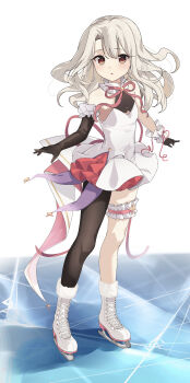 1girl absurdres akaneko016 arm_cuffs asymmetrical_gloves bare_shoulders black_gloves black_pantyhose choker dress elbow_gloves eyelashes fate/grand_order fate/kaleid_liner_prisma_illya fate_(series) floating_hair frilled_choker frills full_body fur_trim gloves grey_hair hair_between_eyes highres ice ice_skates illyasviel_von_einzbern long_hair looking_at_viewer neck_ribbon open_mouth pantyhose pink_ribbon red_eyes ribbon short_dress signature simple_background single_leg_pantyhose skates sleeveless sleeveless_dress solo standing star_(symbol) star_ornament thigh_strap wavy_hair white_background white_choker white_dress wrist_cuffs