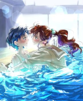 2girls bad_id bad_pixiv_id bishoujo_senshi_sailor_moon blue_hair blue_one-piece_swimsuit brown_hair brown_sailor_collar commentary_request earrings hair_bobbles hair_ornament imminent_kiss jewelry kino_makoto kino_makoto's_school_uniform kobeya_(tonari_no_kobeya) lens_flare long_hair looking_at_another mizuno_ami multiple_girls one-piece_swimsuit partially_submerged ponytail pool sailor_collar school_uniform serafuku short_hair swimsuit water wet yuri