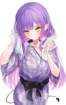 1girl argule0901 colored_inner_hair commentary_request demon_tail drying drying_hair drying_own_hair ear_piercing green_eyes highres holding holding_towel hololive japanese_clothes kimono long_hair looking_at_viewer multicolored_hair piercing pink_hair purple_hair purple_kimono simple_background solo tail tail_ornament tail_piercing tokoyami_towa towel virtual_youtuber white_background
