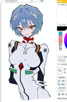 1girl arched_back arms_behind_back art_program_in_frame art_program_request ayanami_rei blue_hair bodysuit breasts closed_mouth commentary_request dot_nose hairpods hand_on_own_arm highres interface_headset_(evangelion) light_smile looking_at_viewer mecha_pilot_suit medium_breasts neon_genesis_evangelion plugsuit_(evangelion) red_eyes screencap short_hair sidelocks simple_background solo standing upper_body white_bodysuit xxx_ssr_xxx_xxx