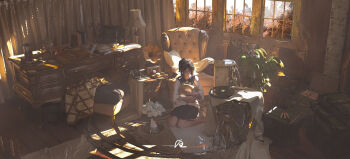 1girl absurdres black_hair black_sailor_collar black_skirt blanket book box closed_mouth commentary couch day desk expressionless flower full_body headphones highres holding holding_pillow indoors lamp living_room medium_hair messy_room on_floor open_book original phonograph pile_of_books pillow pineapple_coma plant potted_plant sailor_collar scenery shirt signature sitting skirt solo unworn_headphones vase wariza white_flower white_shirt window window_shadow