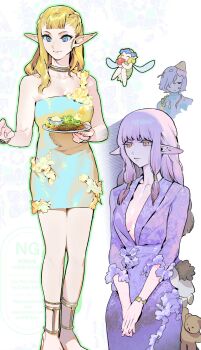 1boy 2girls blue_dress blue_eyes bracelet bright_pupils dress dungeon_meshi elf fairy_(dungeon_meshi) gapamopa gloom_(expression) highres holding holding_plate jewelry long_hair low-tied_sidelocks milsiril mithrun multiple_girls orange_eyes pattadol plate pointy_ears purple_dress sidelocks single_bare_shoulder single_strap smile stuffed_animal stuffed_toy teddy_bear white_pupils