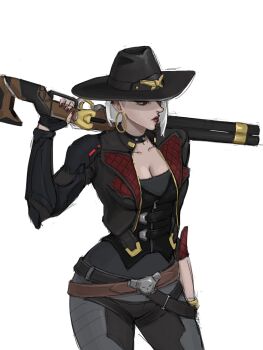 Rule 34 | 1girl, ashe (overwatch), belt, black belt, black choker, black jacket, black pants, black shirt, breasts, brown belt, choker, cleavage, cowboy hat, cowboy western, cowgirl (western), cropped jacket, dynteu, earrings, fingerless gloves, gloves, gun, hat, highres, hoop earrings, jacket, jewelry, large breasts, lips, lipstick, looking to the side, makeup, mole, mole above mouth, over shoulder, overwatch, pants, red eyes, red nails, shirt, solo, standing, weapon, weapon over shoulder, white hair