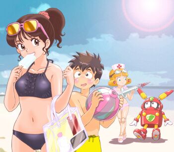 1boy 2girls android bag ball bare_arms beach beachball bikini black_bikini black_eyes black_hair blonde_hair blue_eyes blue_sky blush brown_eyes brown_hair cellphone closed_mouth comedic_sweatdrop commentary_request day drawstring food frilled_bikini frills goggles goggles_on_head hair_ornament hair_scrunchie hands_up hat highres holding holding_bag holding_ball holding_beachball holding_food holding_popsicle holding_syringe horizon humanoid_robot joints large_syringe looking_at_another looking_at_object lotion_bottle male_swimwear mizutani_kenta multiple_girls navel nurse nurse_(robopon) nurse_cap ocean open_mouth outdoors oversized_object phone pink-framed_eyewear pink_bikini pink_scarf ponytail popsicle robot robot_joints robot_ponkottsu rol_(robopon) scarf scrunchie short_hair sky smartphone smile standing summer sun sunglasses sunny_(robopon) swim_trunks swimsuit syringe thermos tinted_eyewear topless_male transparent_bag yellow-tinted_eyewear yusuke_(robopon)