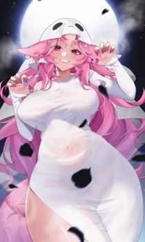 Rule 34 | 1girl, animal ears, breasts, commentary, covered navel, drawinggranny, dress, facial mark, falling petals, fox ears, fox girl, full moon, ghost costume, heart, heart facial mark, highres, indie virtual youtuber, jewelry, large breasts, lips, long hair, moon, petals, pink eyes, pink hair, purple nails, ring, second-party source, shy shae, sleeves past wrists, smile, solo, taut clothes, taut dress, virtual youtuber