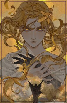 Rule 34 | 2boys, absurdres, ancient greek clothes, androgynous, apollo (mythology), blonde hair, closed mouth, colored extremities, faceless, faceless male, floating hair, greco-roman clothes, greek mythology, highres, holding, holding own arm, holding staff, leaf, long hair, looking at viewer, male focus, multiple boys, outstretched arms, portrait, rora (auroradiation), solo focus, staff, yellow background, yellow eyes