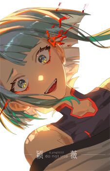 1girl aqua_hair bare_shoulders blood blunt_bangs blunt_ends cyberpunk:_edgerunners cyberpunk_(series) d_ying5022 eyeliner gradient_hair grey_hair highres jacket lucy_(cyberpunk) makeup multicolored_hair off-shoulder_jacket off_shoulder open_mouth red_eyeliner short_hair smile solo upper_body white_background white_jacket wide-eyed