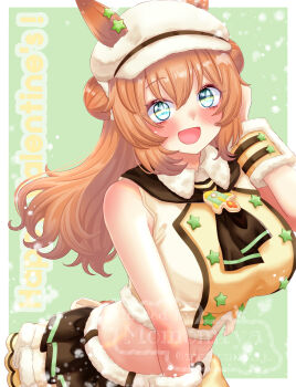 Rule 34 | 1girl, animal ears, blonde hair, blue eyes, blush, breasts, brown neckerchief, commentary request, double bun, earrings, ears through headwear, hair between eyes, hair bun, hat, highres, horse ears, horse girl, jewelry, large breasts, long hair, looking at viewer, midriff, momomiyaj p, navel, neckerchief, official alternate costume, open mouth, shirt, skirt, sleeveless, sleeveless shirt, smile, star (symbol), star earrings, taiki shuttle (baa baa patisserie) (umamusume), taiki shuttle (umamusume), umamusume, wristband