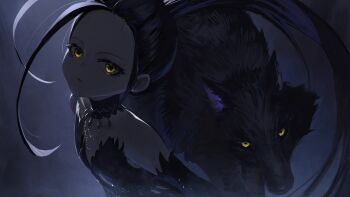 1girl absurdres black_dress black_gloves black_hair child commission dress elbow_gloves figure_skating_dress gloves gomashiwo_o highres kamisaki_hikaru long_hair looking_at_viewer medalist_(manga) pixiv_commission solo wolf yellow_eyes