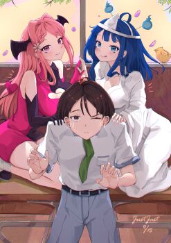 Rule 34 | 1boy, 2girls, absurdres, ahoge, bat wings, black dress, black gloves, black hair, blue eyes, blue hair, blue pants, blush, breasts, brown eyes, cleavage, closed mouth, clothing cutout, collared shirt, dated, dress, elbow gloves, flower, gloves, green necktie, hair flower, hair intakes, hair ornament, hand on another's shoulder, heart cutout, highres, himemiya karen, holding hands, indoors, japanese clothes, justjast, kimono, kneeling, large breasts, long hair, make heroine ga oo sugiru!, medium hair, multiple girls, necktie, nukumizu kazuhiko, on table, one eye closed, pants, pink dress, pink eyes, pink gloves, pink hair, shiroshouzoku, shirt, short sleeves, signature, split-color clothes, table, triangular headpiece, two-tone dress, white kimono, white shirt, wings, yanami anna