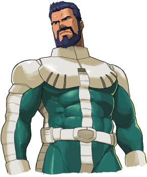 1boy bara beard connected_beard covered_abs facial_hair gundam gundam_msv magnum_feering male_focus mature_male mecha_pilot_suit muscular muscular_male normal_suit_(gundam) shin_matsunaga short_hair simple_background solo white_background