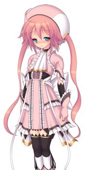 1girl ahoge aqua_eyes ascot black_thighhighs blue_eyes blush boots dress game_cg genseishinki_sacred_virth gloves hat large_variant_set long_hair non-web_source official_art pink_dress pink_hair raziel_(sacred_virth) solo thighhighs transparent_background twintails variant_set yuugure_pairo