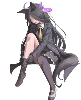 1girl absurdres ahoge animal_ears black_choker black_coat black_gloves black_hair black_jacket black_shirt black_skirt black_thighhighs blush choker closed_eyes coat collared_shirt commentary dio_dio full_body gloves hair_between_eyes hair_over_one_eye highres horse_ears horse_girl horse_tail jacket long_bangs long_hair long_hair_between_eyes long_sleeves manhattan_cafe_(creeping_shadow)_(umamusume) manhattan_cafe_(umamusume) mood_(umamusume) necktie open_clothes open_jacket open_mouth removing_thighhigh shirt shoes simple_background single_shoe skirt solo tail thighhighs umamusume wet wet_clothes wet_thighhighs white_background white_shoes yellow_necktie