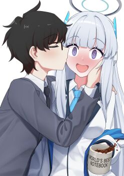 1boy 1girl @_@ black_hair black_necktie blue_archive blue_necktie blush breasts closed_eyes coffee_mug commentary cup english_commentary glasses grey_shirt halo hetero highres holding holding_cup jacket kiss large_breasts long_hair looking_at_viewer mechanical_halo mug necktie noa_(blue_archive) open_clothes open_jacket open_mouth reniacccc sensei_(blue_archive) sensei_(blue_archive_the_animation) shirt short_hair white_hair white_halo white_jacket white_shirt