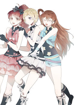 3girls ^_^ absurdres amamiya_rizumu bare_arms bare_shoulders belt belt_buckle black_belt black_boots black_bow black_gloves black_shirt blonde_hair blue_shorts blue_vest boots bow bow_print brown_hair buckle closed_eyes closed_mouth collared_shirt collared_vest denim denim_shorts eyelashes feet_out_of_frame foot_out_of_frame footwear_bow frilled_skirt frills gloves hair_bobbles hair_bow hair_ornament hand_on_another&#039;s_shoulder harune_aira high_ponytail highres idol knee_boots lapels lineup long_hair looking_at_another miniskirt morgue_(southsakura) multiple_girls notched_lapels one_eye_closed one_side_up open_mouth parted_bangs pointy_nose ponytail pretty_rhythm pretty_rhythm_aurora_dream pretty_series purple_eyes red_eyes red_hair red_skirt red_vest shirt short_hair shorts simple_background single_stripe skirt sleeveless sleeveless_shirt smile star_(symbol) star_print striped_bow takamine_mion very_long_hair vest wavy_hair white_background white_bow white_gloves white_skirt white_vest