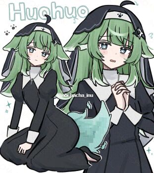1girl alternate_costume animal_ears black_dress black_shoes black_veil character_name closed_mouth commentary_request cross cross_necklace dress droopy_ears flying_sweatdrops fox_ears fox_girl fox_tail full_body green_eyes green_hair haruo_(haruooimo) highres honkai:_star_rail honkai_(series) huohuo_(honkai:_star_rail) jewelry juliet_sleeves long_hair long_sleeves looking_at_viewer multiple_views necklace nun nun_headdress open_mouth own_hands_clasped own_hands_together paw-shaped_pupils puffy_sleeves shoes simple_background sitting symbol-shaped_pupils tail tearing_up twitter_username upper_body veil white_background