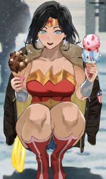 1girl :d abs absurdres artist_name black_hair blue_eyes bracer breasts breath burger circlet coat coat_on_shoulders commentary dc_comics dc_universe_(franchise) english_commentary food food_focus highres holding holding_ice_cream_cone ice_cream_cone jewelry large_breasts lasso_of_truth long_hair muscular muscular_female open_mouth park_ongjol smile snow solo squatting superhero_costume thick_thighs thighs tiara wonder_woman wonder_woman_(series)
