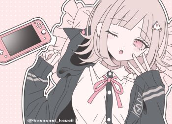 1girl ;o artist_name blush breasts brown_hair collared_shirt commentary_request danganronpa_(series) danganronpa_2:_goodbye_despair flipped_hair hair_ornament hands_up hood jacket komanami_kawaii long_sleeves medium_hair nanami_chiaki neck_ribbon nintendo_switch one_eye_closed open_clothes open_jacket outline pillow pink_eyes ribbon shirt solo white_outline white_shirt