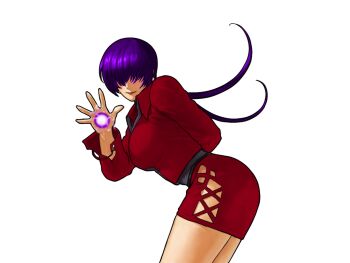 1girl ass breasts dress earrings electricity female_focus hand_up huge_breasts jacket jewelry large_breasts long_hair looking_at_viewer orochi_shermie ponytail purple_hair shermie_(kof) skirt smile smiley_face tan the_king_of_fighters thick_thighs thighs thunder twintails