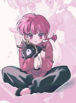 1girl absurdres blush braid braided_ponytail chinese_clothes highres indian_style looking_at_viewer p-chan piglet pururu_ru6 ranma-chan ranma_1/2 red_eyes red_hair sitting smile tangzhuang zoom_layer