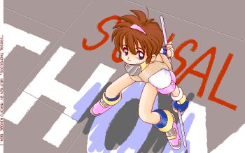 1990s_(style) 1girl blue_eyes blue_gloves boots brown_hair closed_mouth commentary_request dated fingerless_gloves from_above full_body gloves hairband holding holding_staff legs_apart makoto_hinobe original outdoors pc-98_(style) pink_boots pink_hairband retro_artstyle shadow shirt short_hair short_sleeves smile solo staff standing white_shirt