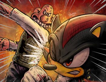 2boys animal_nose bald blood blood_on_face clarissa_arts clenched_hands clenched_teeth crossover face_punch fighting gloves green_vest highres hitting hurt in_the_face male_focus motion_lines multiple_boys one_eye_closed punched punching sega shadow_the_hedgehog shirt sonic_(series) speed_lines sweater_vest teeth vest violence wallace_&amp;_gromit wallace_(wallace_&amp;_gromit) white_gloves white_shirt