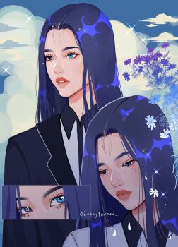 1girl aegyo_sal asian black_trim blazer blue_eyes blue_hair blue_jacket blue_sky closed_mouth cloud cloudy_sky collared_shirt eyelashes falling_petals flower forehead hair_over_shoulder highres jacket light_blush light_particles long_hair looking_ahead looking_at_viewer looking_down multiple_views original parted_bangs parted_lips petals school_uniform shirt sky sparkle sparkling_eyes straight_hair thick_eyebrows thick_lips twitter_username umi_(zeebythesea) upper_body white_shirt white_trim zeebythesea