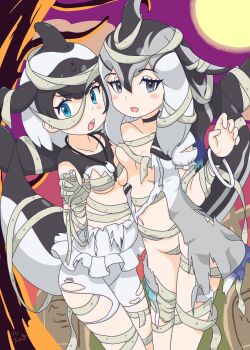 2girls bandages black_choker black_hair black_one-piece_swimsuit blowhole blue_eyes blush cetacean_tail choker collarbone commerson&#039;s_dolphin_(kemono_friends) dolphin_girl dorsal_fin dress fins fish_tail frilled_one-piece_swimsuit frills grey_dress grey_eyes grey_hair hair_between_eyes halloween head_fins highres jewelry kemono_friends long_hair multicolored_hair multiple_girls mummy_costume necklace one-piece_swimsuit open_mouth pacific_white-sided_dolphin_(kemono_friends) ririnasoon sailor_collar shell shell_necklace short_hair sidelocks swimsuit tail torn_clothes two-tone_hair two-tone_one-piece_swimsuit white_hair white_one-piece_swimsuit