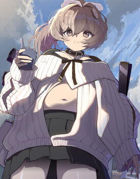 1girl bag belly belt_collar black_nails black_skirt bread_clip bready_(frosty_bite)_(nikke) bready_(nikke) breasts brown_eyes brown_hair choker cleavage collar fingernails food goddess_of_victory:_nikke hair_between_eyes hair_ornament handbag highres holding holding_food holding_ice_cream ice_cream large_breasts long_fingernails long_hair navel official_alternate_costume open_sweater outdoors ribbed_sweater side_ponytail skirt sky smile solo standing sweater syope white_sweater