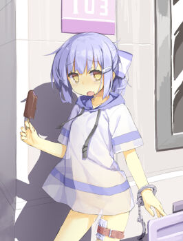 1girl bad_id bad_twitter_id blush bottomless bow brown_eyes collarbone cuffs day discreet_vibrator dot_nose dress egg_vibrator exhibitionism eyebrows fang female_focus food hair_bow hair_ornament hairclip handcuffs hassai highres holding hood hoodie ice_cream ice_cream_bar loli looking_at_viewer no_panties object_insertion open_mouth original outdoors ponytail public_indecency purple_eyes purple_hair pussy pussy_juice pussy_juice_drip pussy_juice_trail see-through_clothes see-through_dress sex_toy solo standing strap thigh_strap vaginal vaginal_object_insertion vibrator vibrator_cord yellow_eyes