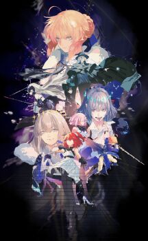 3boys 4girls artoria_pendragon_(fate) bishounen black_pantyhose blonde_hair blue_eyes cape edmond_dantes_(fate) fate/grand_order fate_(series) fujimaru_ritsuka_(female) fujimaru_ritsuka_(female)_(waltz_in_the_moonlight/lostroom) fur_cape glitch grey_eyes grey_hair hair_bun highres holding holding_sword holding_weapon jeanne_d&#039;arc_alter_(avenger)_(fate) jeanne_d&#039;arc_alter_(avenger)_(third_ascension)_(fate) jeanne_d&#039;arc_alter_(fate) lantern_madoyoi long_hair mash_kyrielight mash_kyrielight_(under_the_same_sky) medium_hair multiple_boys multiple_girls oberon_(fate) oberon_(second_ascension)_(fate) oberon_(third_ascension)_(fate) pantyhose poster_(medium) red_hair saber_(fate) scanlines short_hair single_hair_bun sword tongue tongue_out very_long_hair weapon yellow_eyes