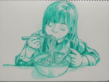 Rule 34 | 1girl, absurdres, blunt bangs, bowl, chopsticks, closed eyes, eating, food, green theme, highres, kamaboko, long sleeves, magumagu, medium hair, monochrome, narutomaki, noodles, original, ramen, simple background, solo, tamotu, upper body, white background, whiteboard (medium)