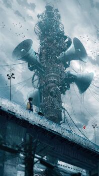 1girl backpack bag black_cat cat chooco_(chocoshi) from_behind highres megaphone original road_sign scenery short_hair sign train utility_pole