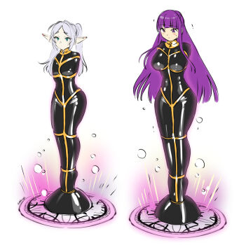 2girls bdsm bound breasts commission eudetenis fern_(sousou_no_frieren) frieren full_body green_eyes grey_hair highres immobilization large_breasts latex long_hair magic_circle medium_breasts medium_hair multiple_girls pointy_ears purple_eyes purple_hair skin_tight sousou_no_frieren twintails very_long_hair white_background