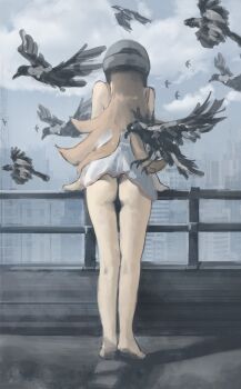 1girl absurdres against_railing arms_at_sides ass bare_arms barefoot bird black_panties blonde_hair blue_sky cityscape cloud cloudy_sky crow day dress facing_away flipped_hair flock full_body grey_helmet helmet highres kneepits leaning_forward long_hair monogatari_(series) oshino_shinobu panties railing red_trim shadow short_dress sky sleeveless sleeveless_dress solo standing straight-on sundress tiptoes underwear very_long_hair washingmach13 white_dress