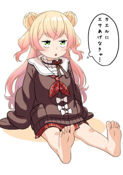 Rule 34 | barefoot, blonde hair, feet, foot focus, green eyes, hololive, long hair, momosuzu nene, plated skirt, rainna, ribbon, sitting, soles, tagme, toes, virtual youtuber